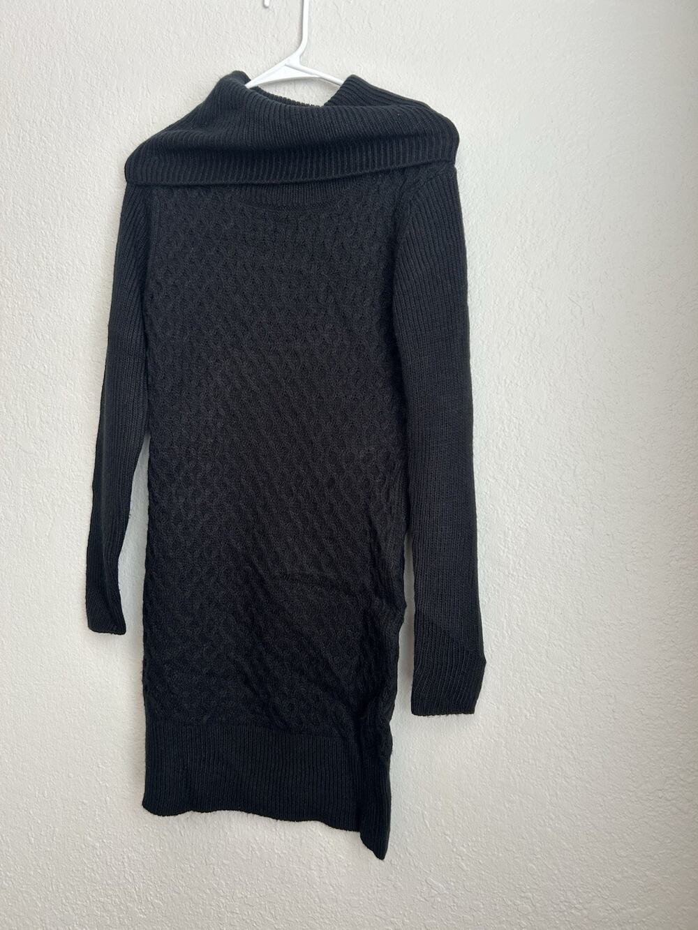VENUS Black Solid Cable Knit Cowl Neck Long Sleeve Knee Sweater Dress S